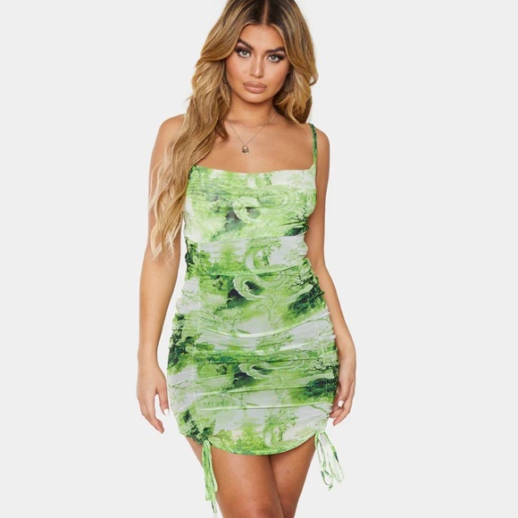 lime dragon print strappy ruched tie hem bodycon dress - Picture 3 of 3